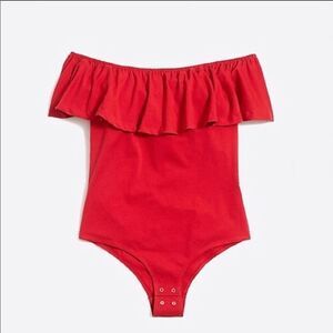 J. Crew Fire Red Off-the-Shoulder Ruffle Bodysuit Size Medium Snap Closure Stret